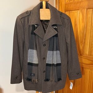 Men's Classic Brown Pea Coat with Scarf